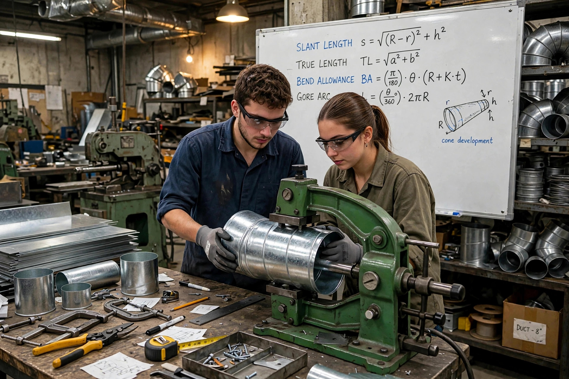 Two young sheet metal apprentices fitting a round duct section on a crimping machine in a workshop, with a dry-erase whiteboard behind them covered in advanced pattern-layout formulas — slant length for tapered fittings, true-length development, bend allowance and gore arc